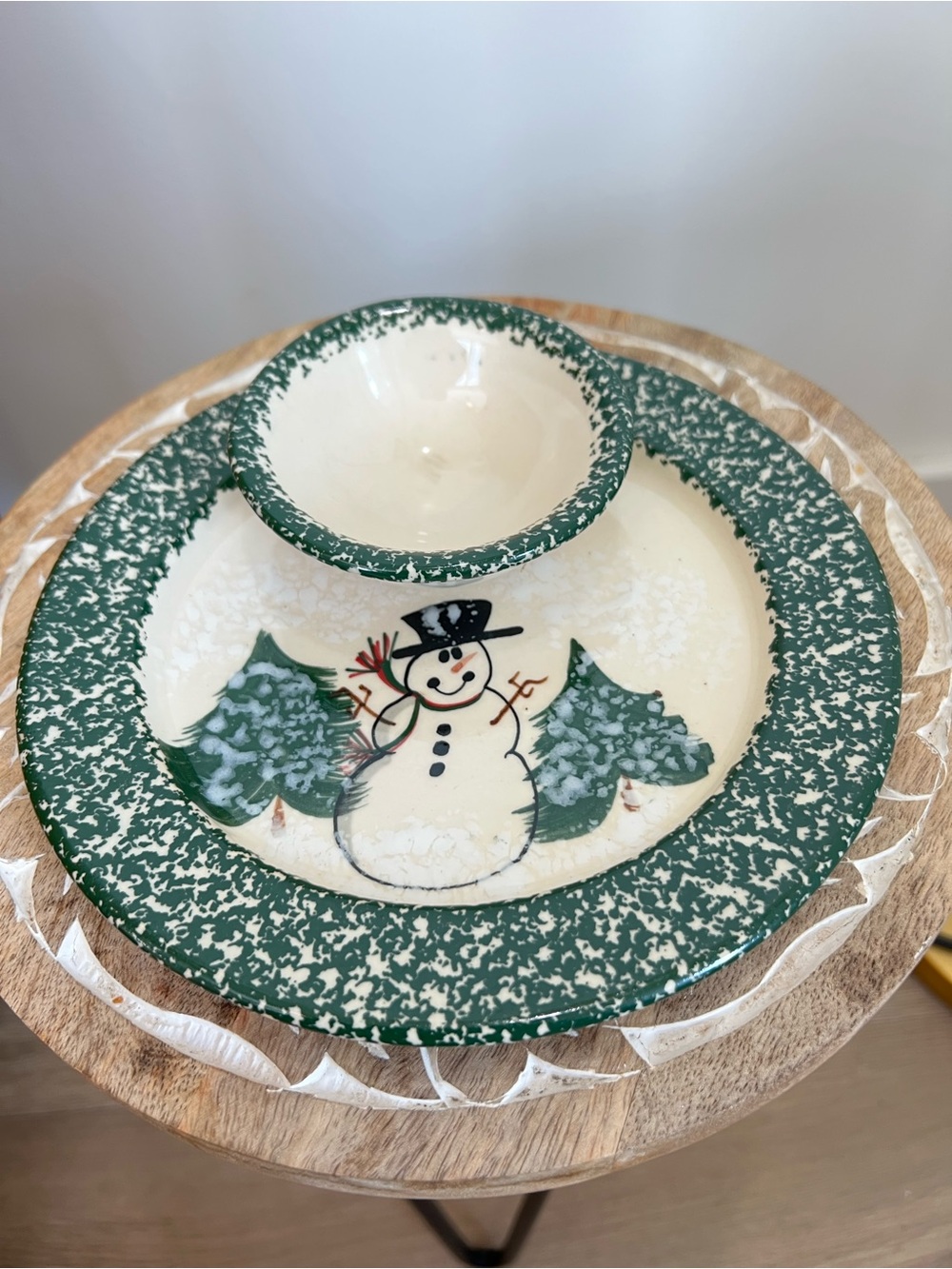 Vintage Patton Handmade Pottery Christmas Snowman Chip & Dip Plate